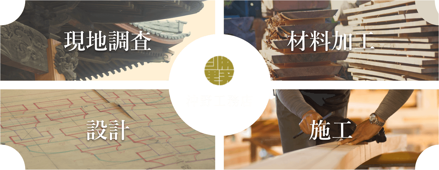沖野工務店 現地調査 材料加工 設計 施工